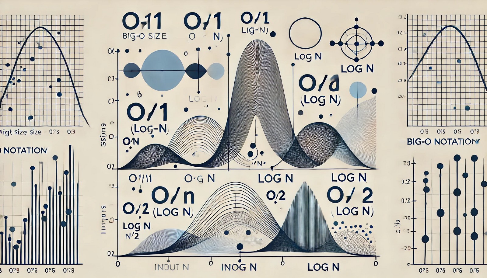 An illustration representing Big-O Notation with multiple curves depicting growth rates—constant, linear, logarithmic, and quadratic—on a graph-like abstract background, showing time complexity against input size.