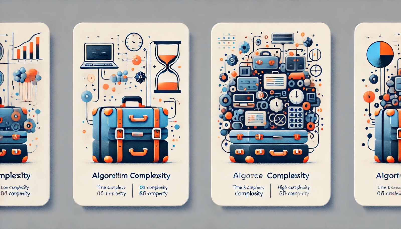 A minimalist illustration depicting algorithm complexity using two suitcases: a small, organized suitcase for low complexity and an overflowing, chaotic suitcase for high complexity, symbolizing time and space usage.