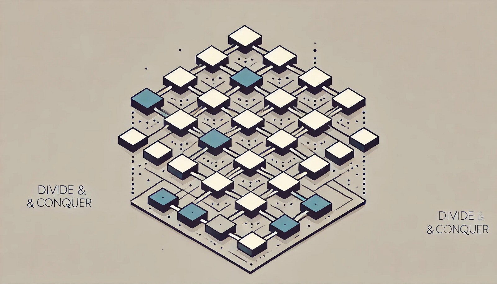 Illustration of the Divide and Conquer Algorithm, showing a large square divided into smaller sections, symbolizing recursive problem-solving and merging back into a unified form in a minimalist style.