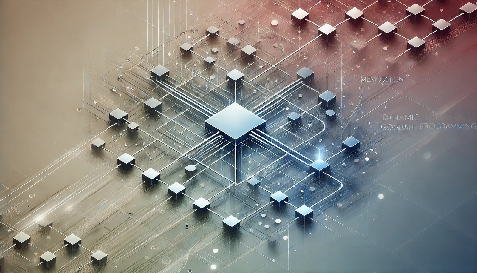 Abstract illustration of Dynamic Programming showing a decision tree with interconnected nodes and overlapping subproblems. The image highlights recursive paths and memoization with clean lines and soft gradients in a futuristic design.