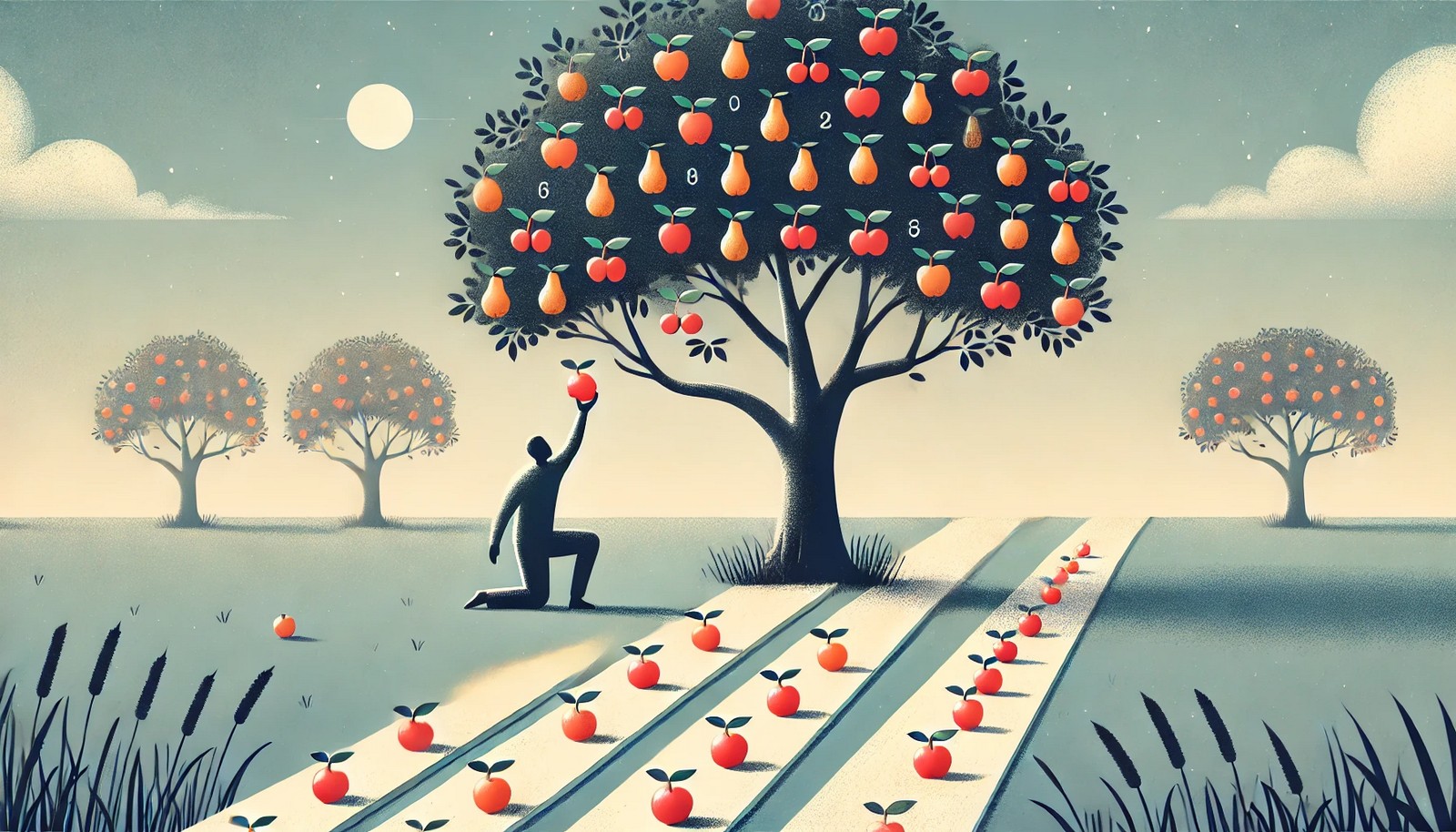 A person picking the largest fruit from a tree with multiple branches, each bearing fruits of different sizes, symbolizing choices. The setting is natural, with a blue sky background