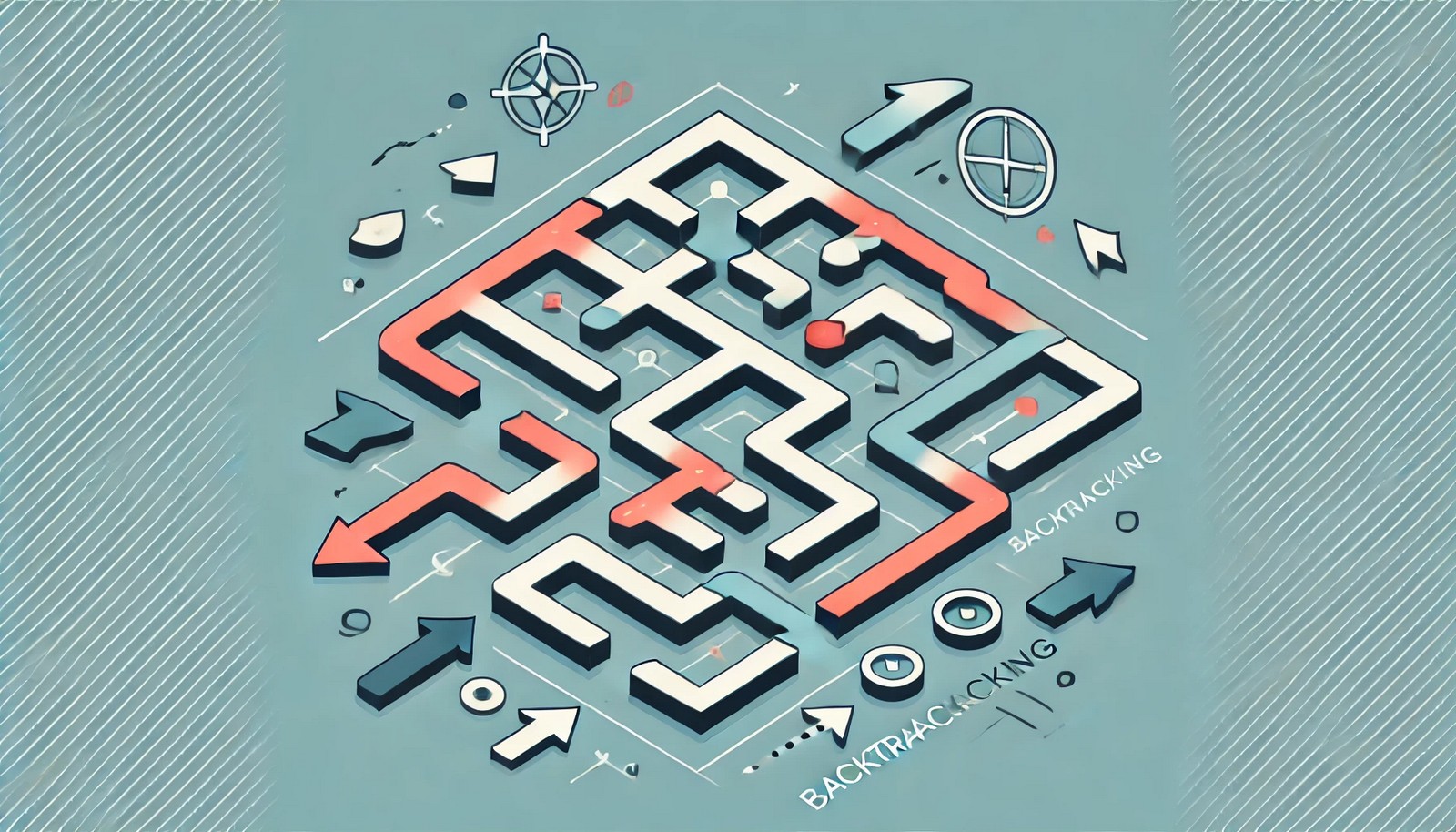 Illustration of a backtracking algorithm using a maze with multiple paths. Arrows show exploration and backtracking steps, highlighting a successful path in contrasting color, depicting decision-making visually.