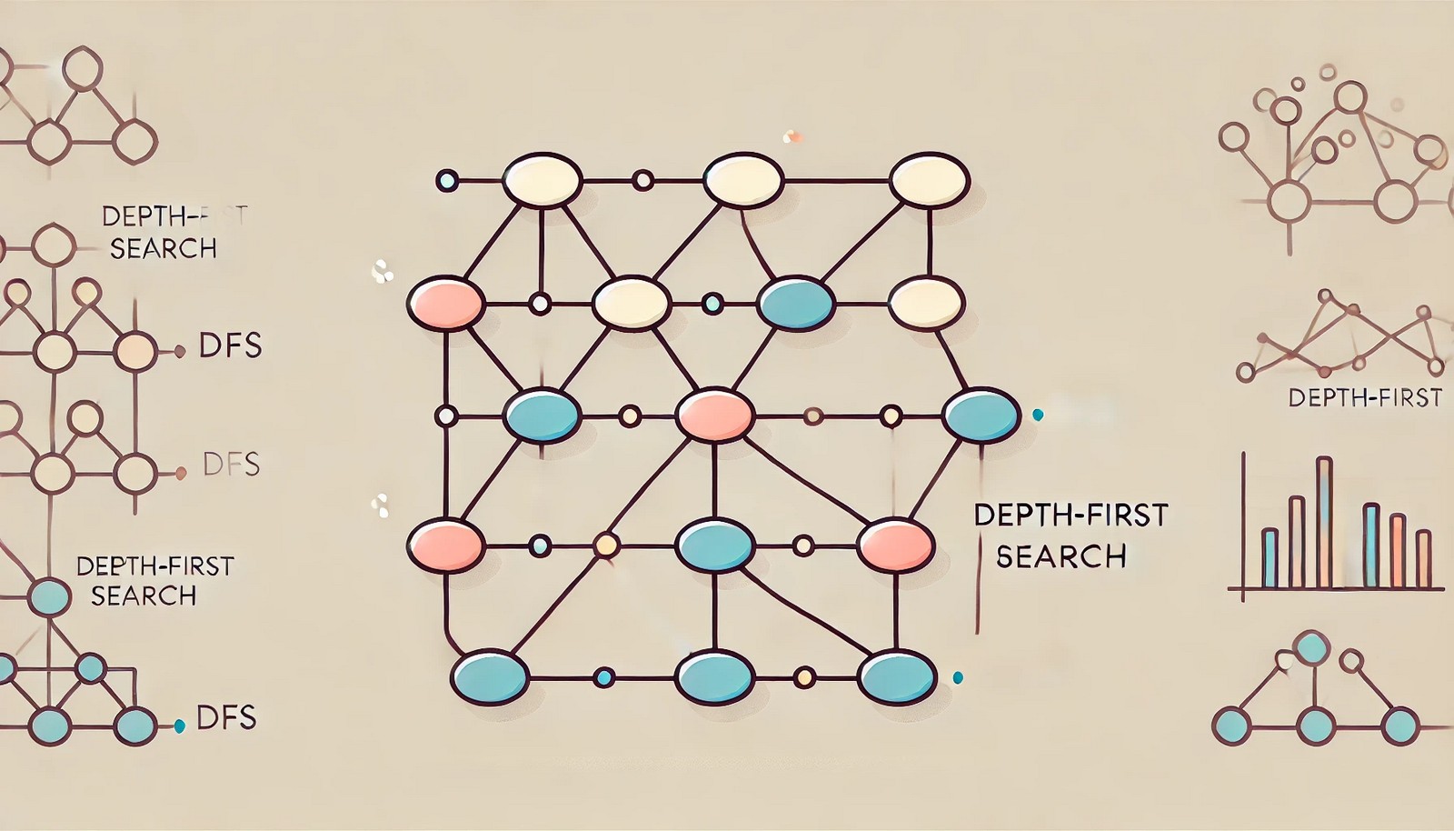 A visual representation of the Depth-First Search (DFS) algorithm on a tree structure, highlighting traversal and backtracking paths. The nodes and branches illustrate the depth-first exploration without any text labels.