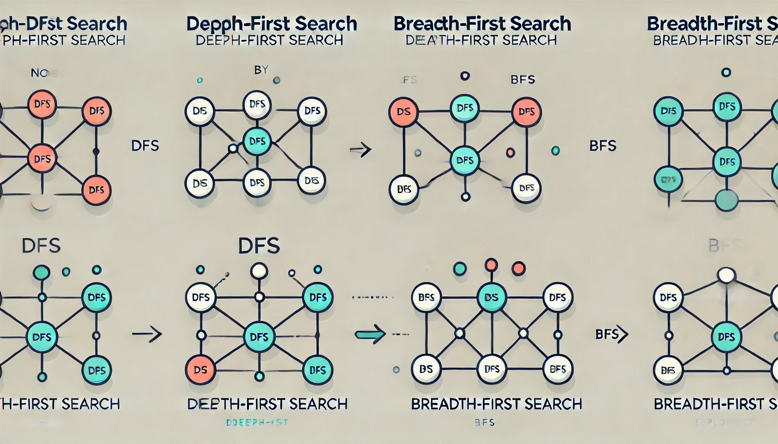 A minimalistic illustration of a graph structure, showing nodes connected by edges, visualizing Depth-First Search (DFS) and Breadth-First Search (BFS) steps, highlighting the traversal process without any text.