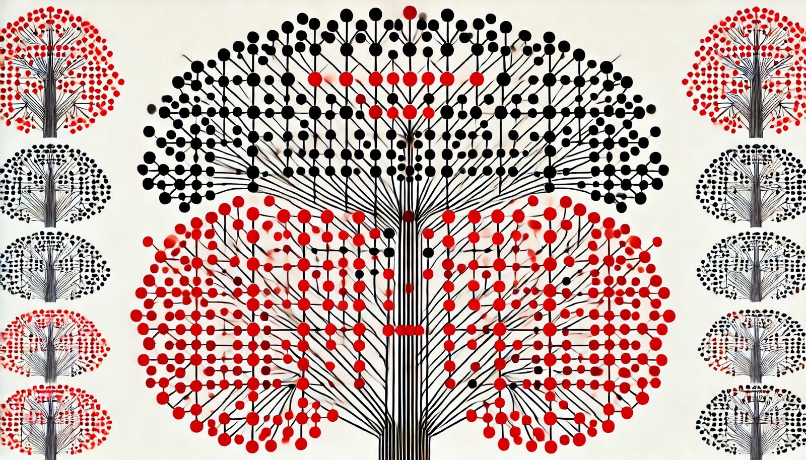 An illustration of a Red-Black Tree, showing a balanced binary search tree with nodes in red and black colors connected in a hierarchical structure, depicting symmetry and balance without any text.