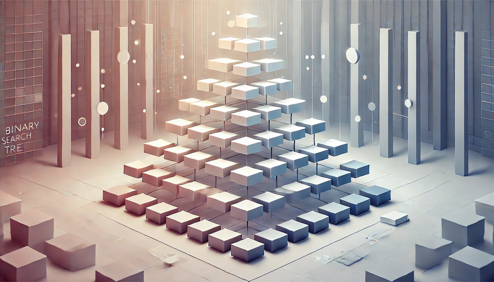 An illustration of an AVL tree, a self-balancing binary search tree, demonstrating rotations to maintain balance with a clean and minimalistic structure, using geometric shapes and soft gradients.