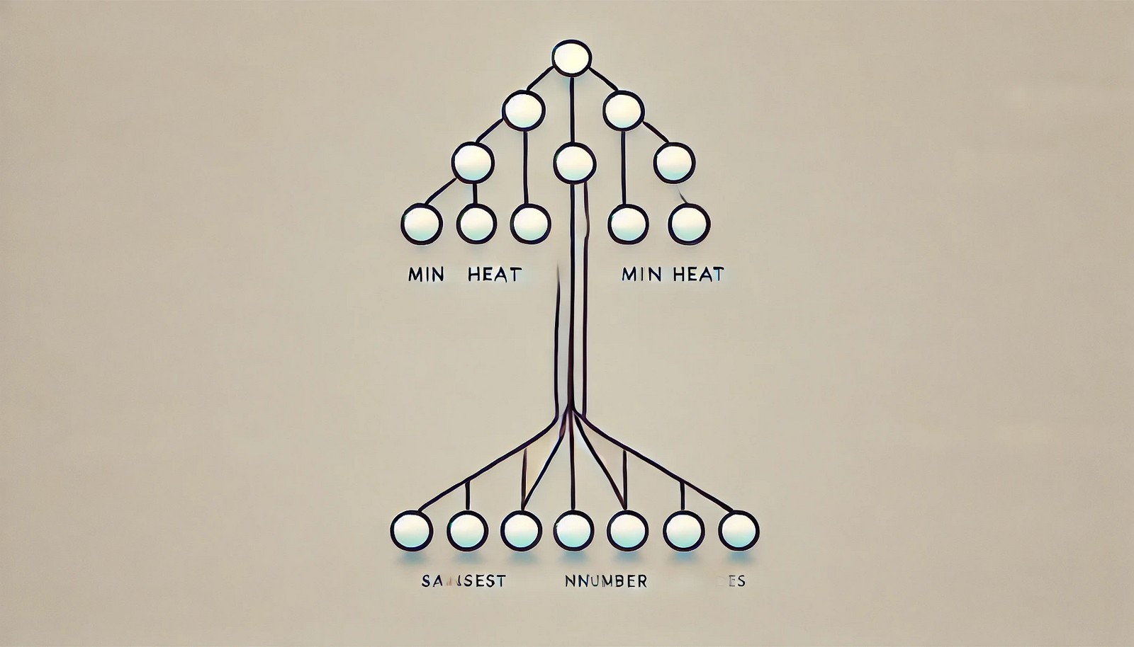 A minimalist illustration of a min heap, showing a tree structure with the smallest number at the top (root) and larger numbers branching below, emphasizing node hierarchy and relationships.