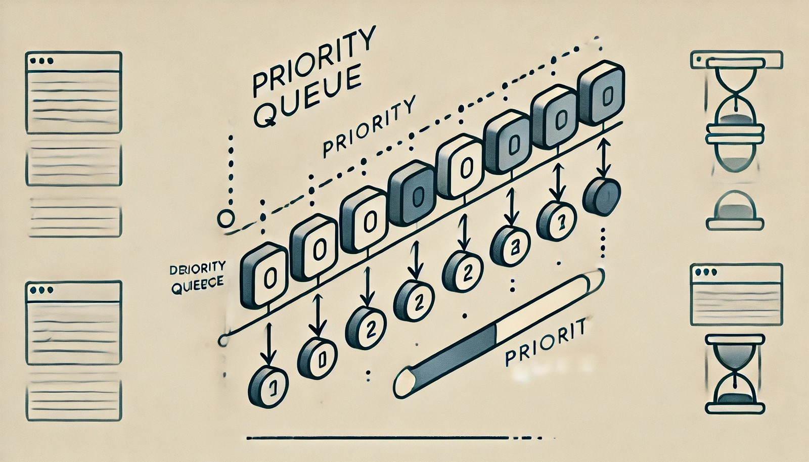 An illustration of a priority queue in computer science. Elements are shown in a queue with arrows representing the dequeue process. The highest-priority item is visually distinguished, emphasizing priority levels in a minimalistic, modern style.