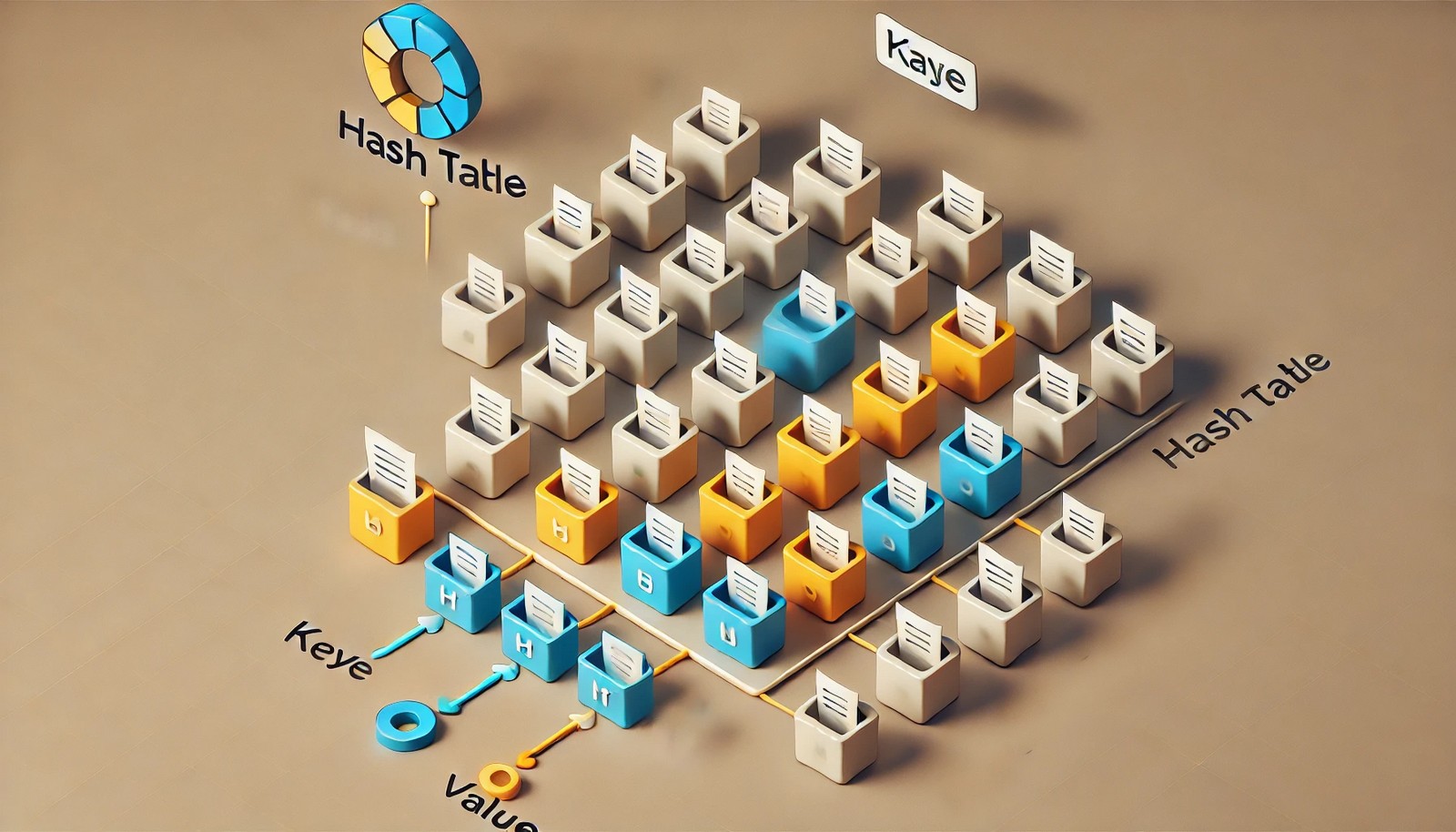 A clean and minimal representation of a hash table showing a row of mailboxes representing an array, with keys being hashed into specific slots. Arrows indicate the hashing process and key-value mapping.