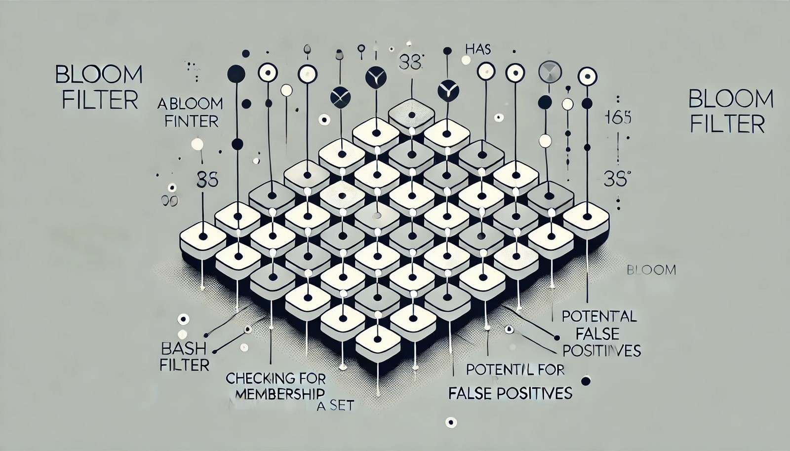 A minimal illustration of a Bloom filter showing a grid-like structure with multiple hash functions marking bits, visually representing element mapping and potential false positives in a clean and modern style.