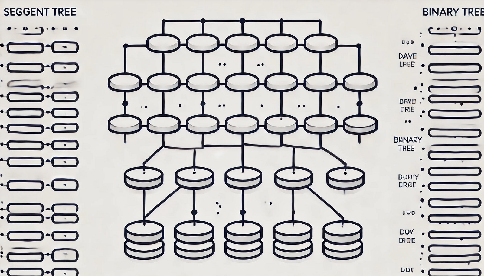 An illustration of a Segment Tree, showing a hierarchical binary tree structure with nodes representing subranges of an array. The image highlights the division and connection of nodes for efficient query resolution.