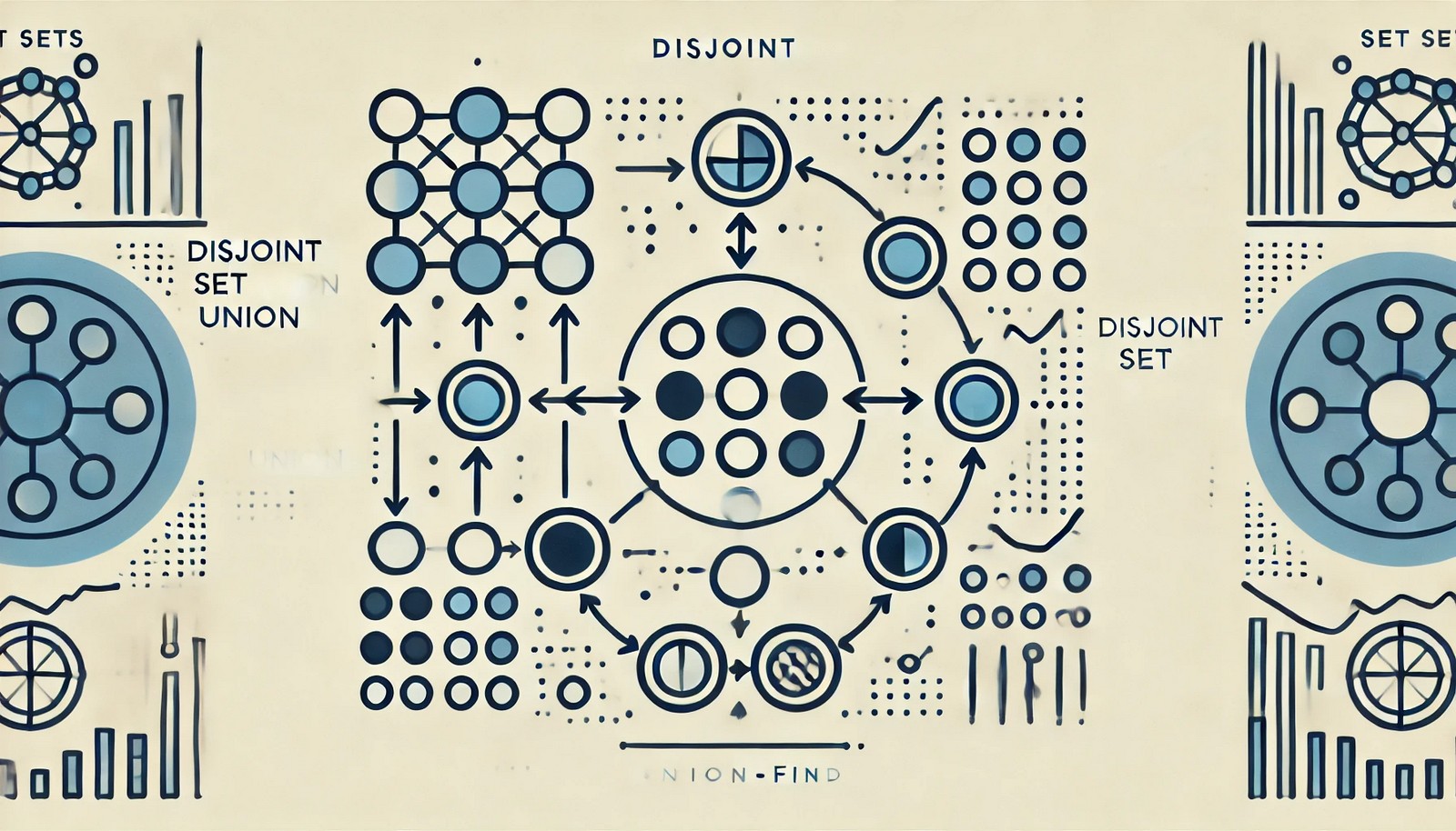 An illustration of Disjoint Set Union showing multiple disjoint sets as circles containing elements, with arrows representing merging operations and connections between sets. Minimalist and clean design, no text.