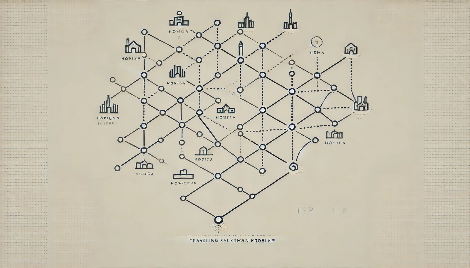 A minimalistic illustration of the Traveling Salesman Problem (TSP), featuring dots representing cities connected by lines, with one distinct highlighted path indicating the optimal route on a neutral background.