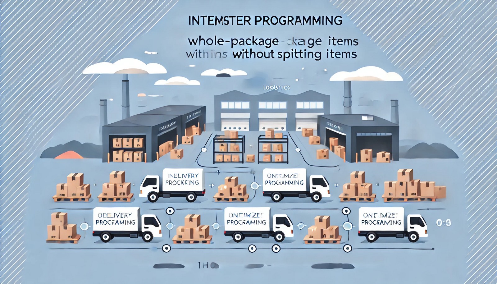 A visual representation of integer programming in logistics, showing delivery trucks, packages, and optimized routing paths in a warehouse environment, highlighting whole-package assignments and efficient resource allocation.