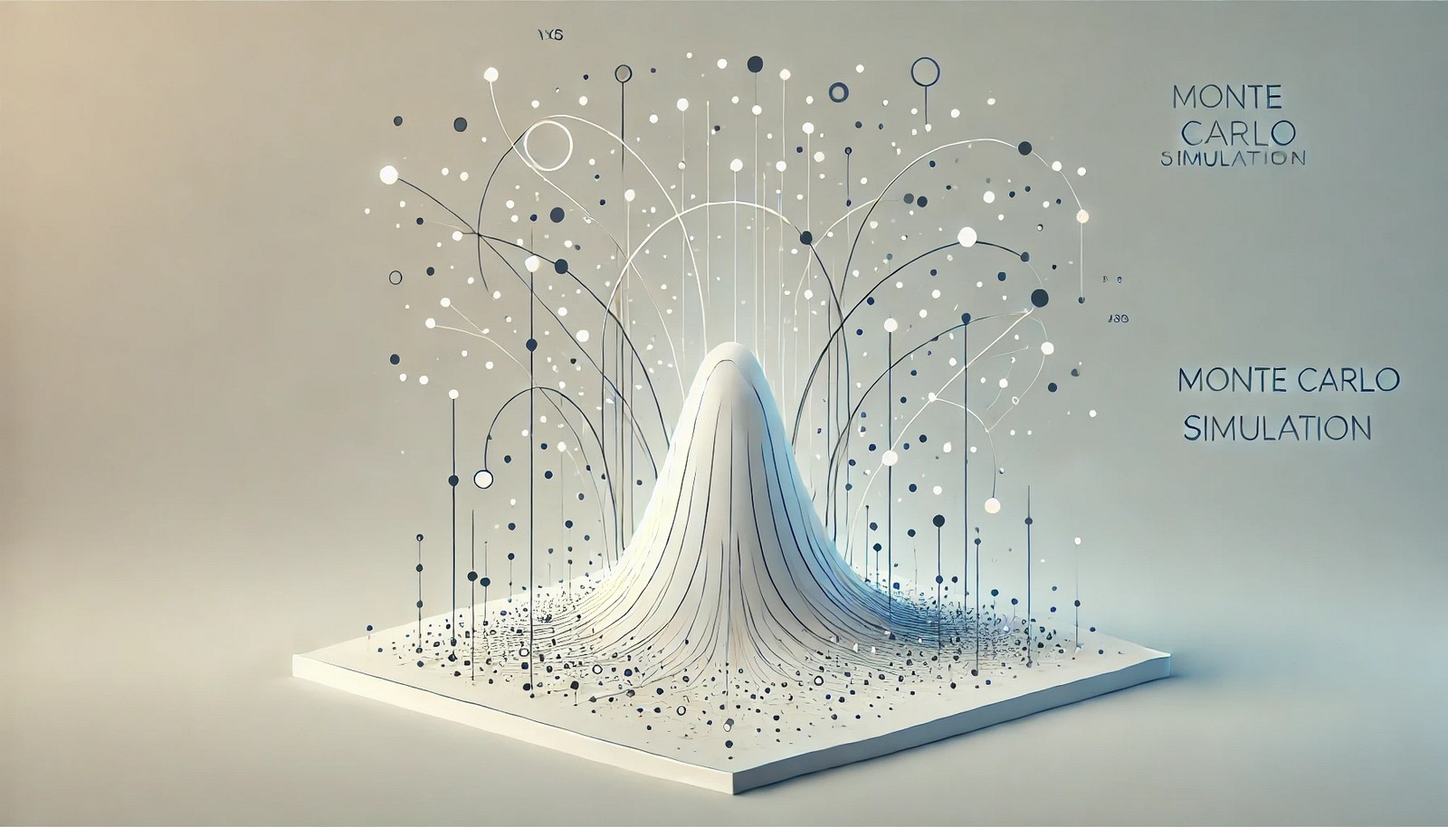 A minimalistic illustration representing Monte Carlo Simulation with multiple paths converging into a bell-shaped probability distribution, symbolizing random sampling and statistical uncertainty. Light background with soft gradient tones.