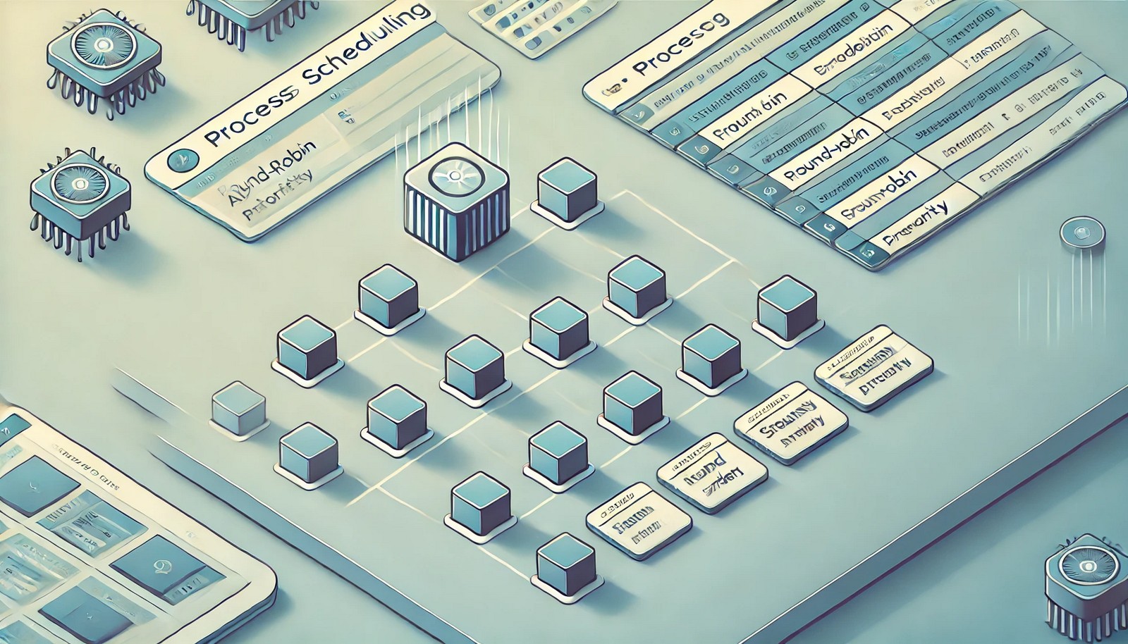 A digital illustration showing process scheduling in operating systems with tasks represented as blocks queued for execution. The CPU manages task execution order using scheduling algorithms, depicted in a minimalistic style.