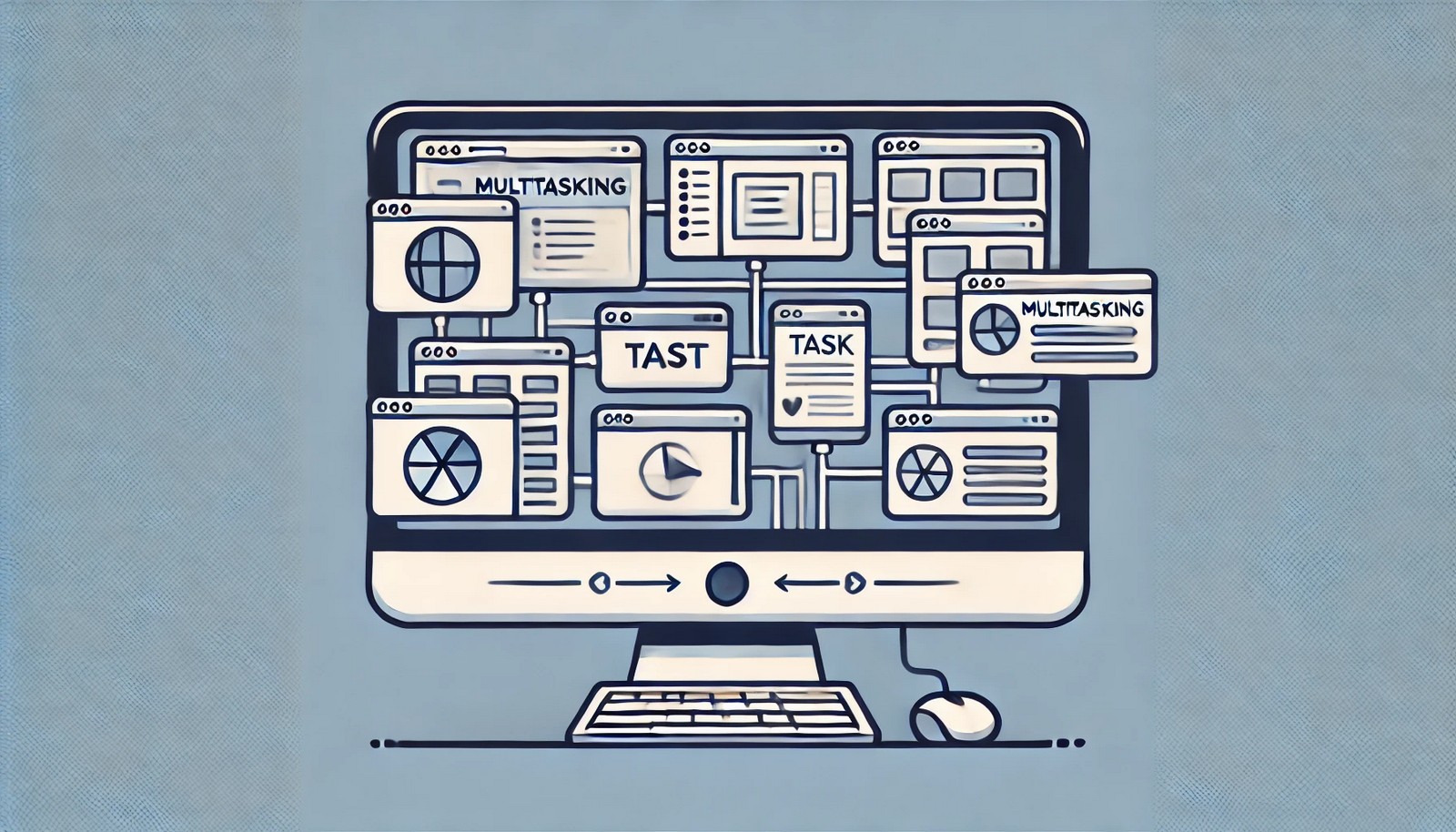 A clean illustration of multitasking in computer software, showing a computer screen with multiple application windows open, symbolizing task switching and simultaneous resource sharing.