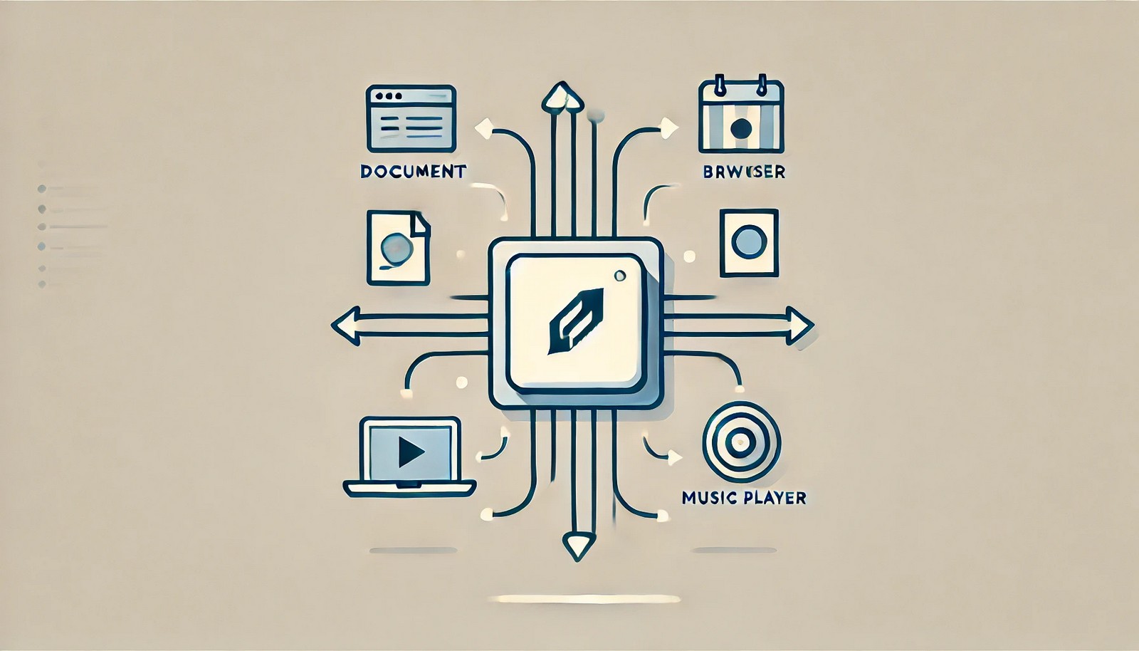 Illustration of a CPU switching between tasks, represented by document, browser, and music player icons connected with curved arrows, symbolizing the task-switching process in a minimalist style.