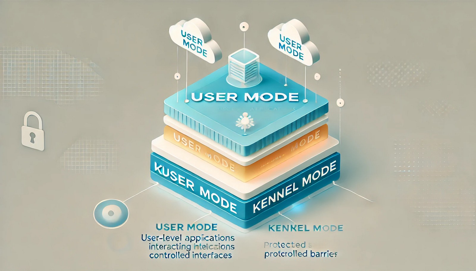 A two-layered illustration showing User Mode and Kernel Mode in a computer system. User Mode applications interact through controlled interfaces, separated by a secure barrier from the Kernel Mode below.