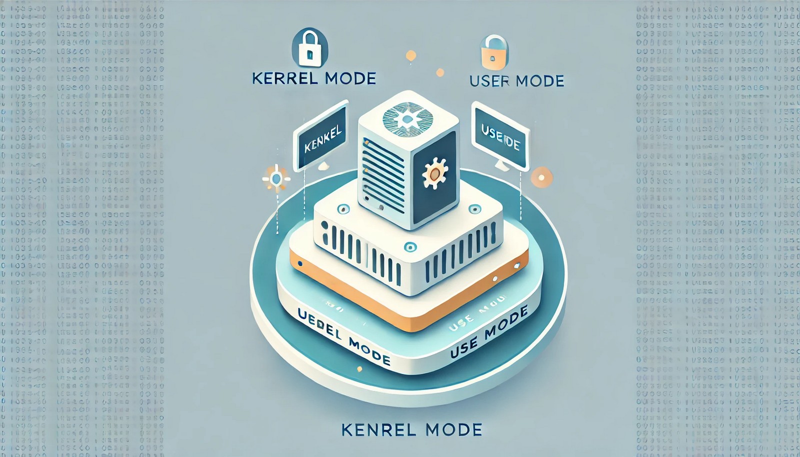 Illustration showing Kernel Mode at the core of a computer system with full hardware control, surrounded by User Mode with restricted access, depicted in minimalistic style and clear layers.