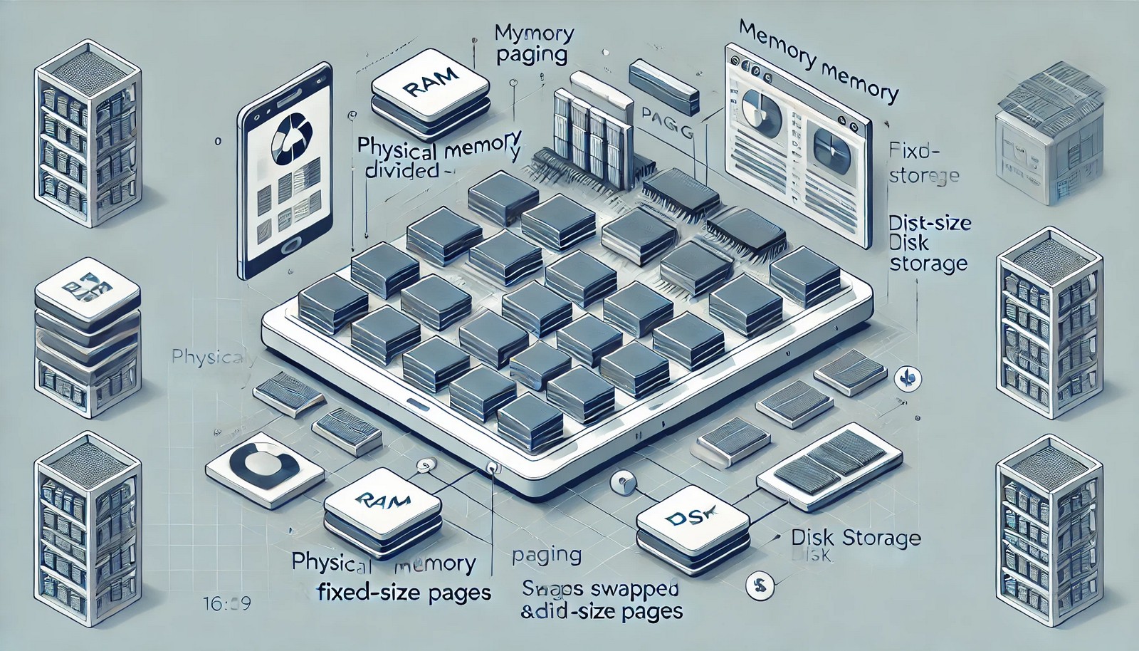 A digital illustration showing memory paging in a computer system. Physical memory is divided into fixed-size pages, with arrows representing the swapping of pages between RAM and disk storage. Minimalist style.