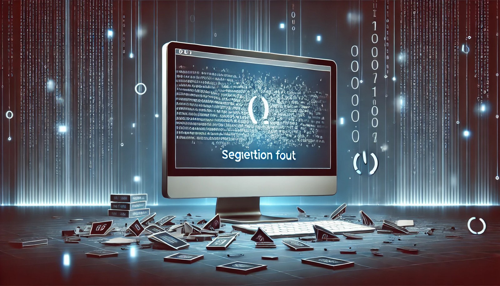A digital illustration showing a computer screen with fragmented binary code floating around, symbolizing a segmentation fault or system crash. The setting is sleek, modern, and visually minimal.