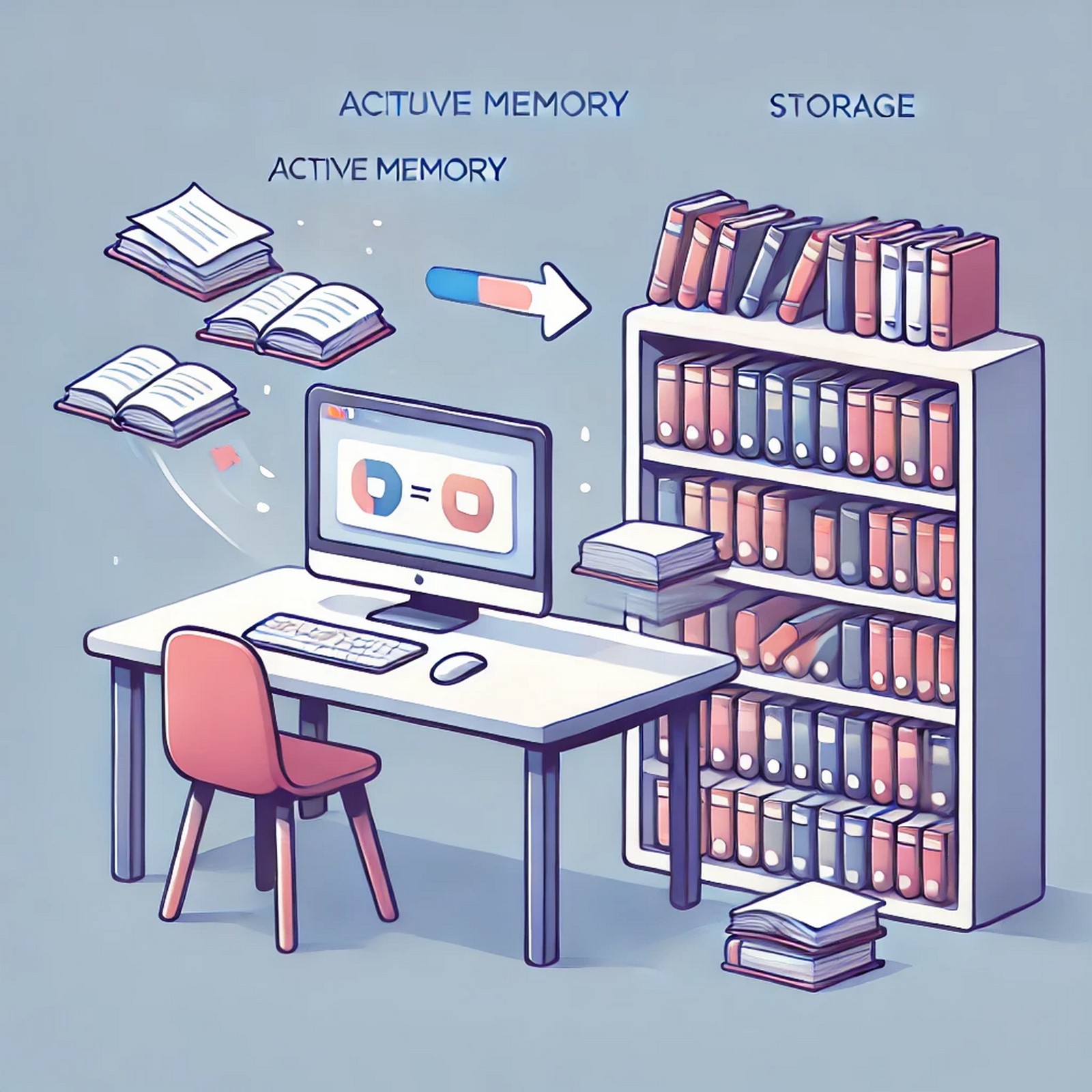 Illustration of virtual memory represented by a desk with a few books symbolizing active memory and a nearby shelf with additional books as storage, depicting data swapping between them.