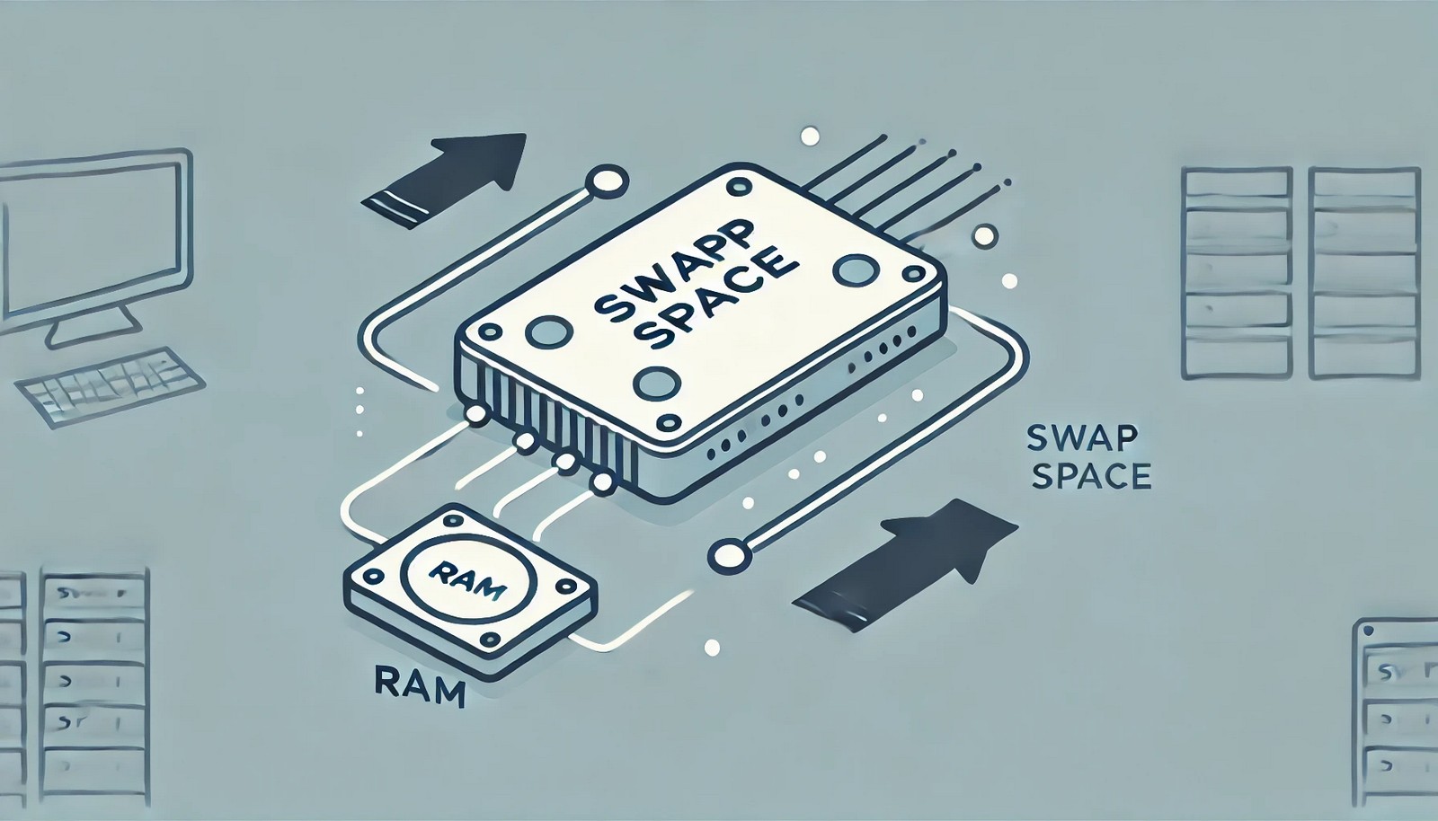 A clean and simple illustration showing data flow between a computer's RAM and external swap space, represented by a hard drive or SSD. Arrows indicate the transfer of data between memory components.