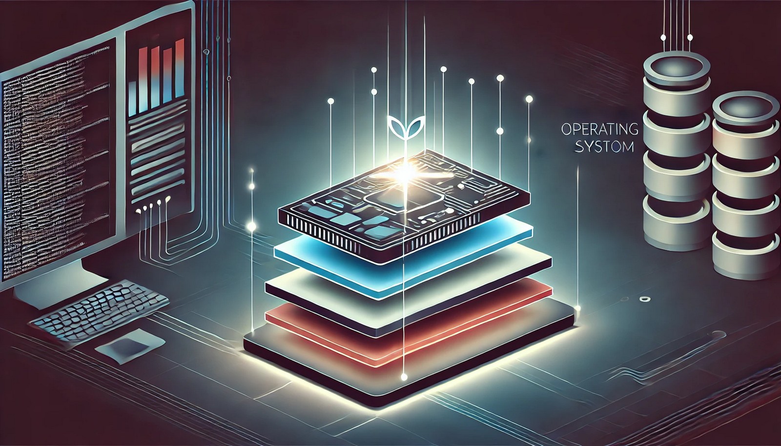 A modern illustration of a computer startup process showing a layered concept with a glowing bootloader at the base, symbolizing data flow towards the operating system at the top.