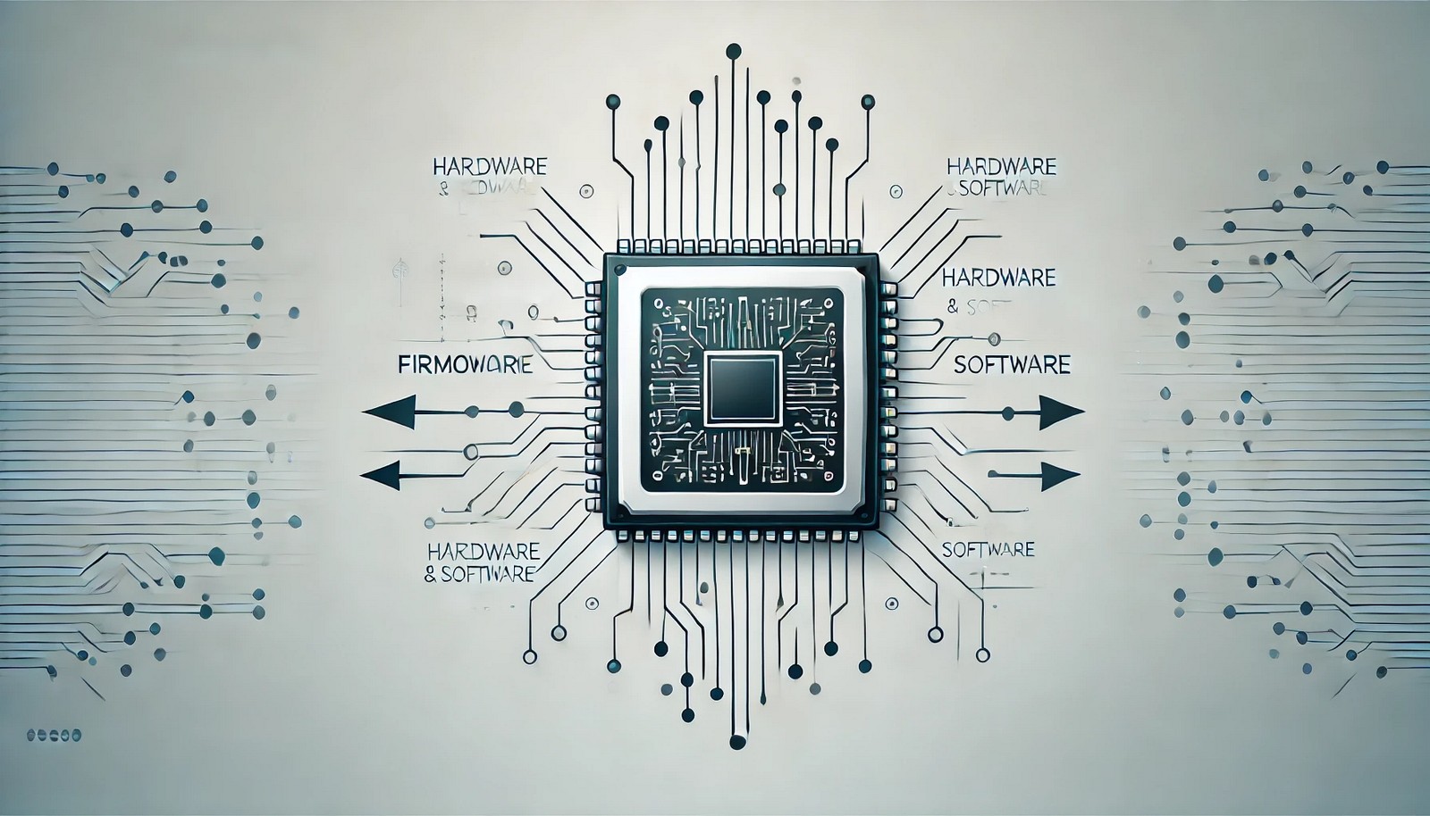 A clean and simple illustration of firmware showing a computer chip with small arrows representing data flow between hardware and software layers, surrounded by circuit elements on a futuristic gradient background.