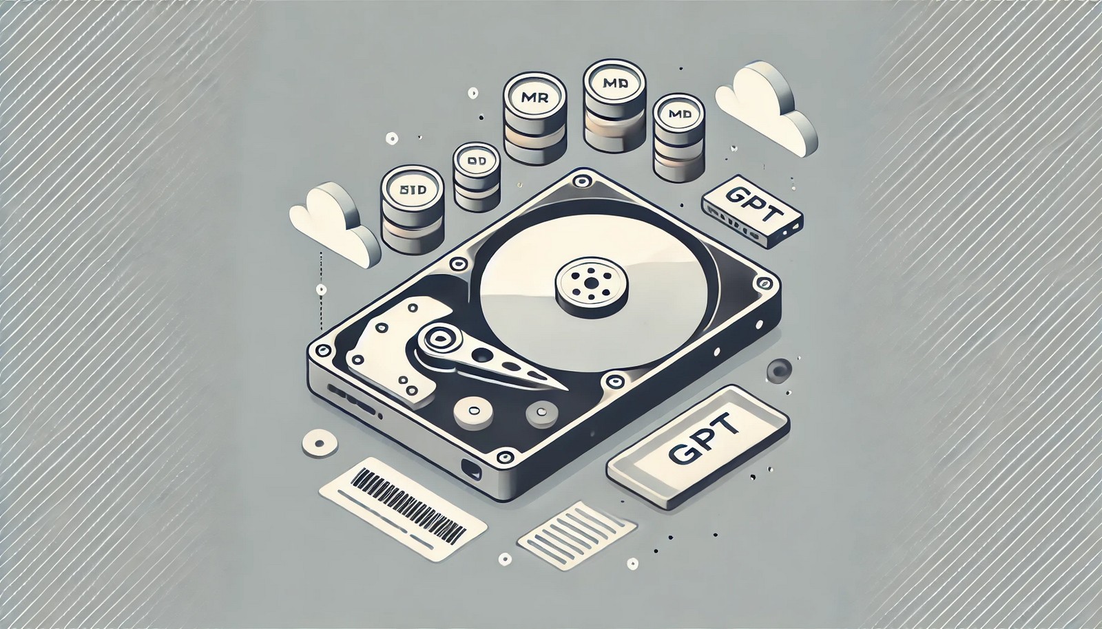 Minimalistic illustration of a partition table concept, showing a hard drive divided into multiple sections. The image visually represents MBR and GPT partition formats with a clean, flat style and no text.