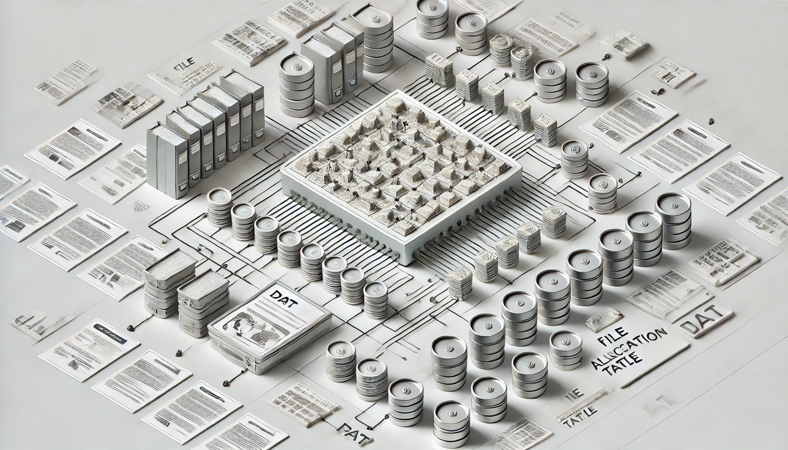 An isometric digital illustration of a file system with a structured grid design, showing a central table mapping file locations to storage blocks. The clean, modern design highlights data organization and file management.