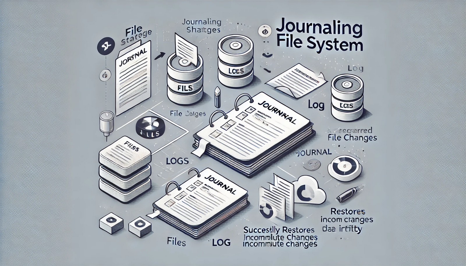 A conceptual digital illustration of a journaling file system, showcasing file changes being logged before being applied to main storage. The image includes a crash scenario with successful recovery, using modern, minimalistic icons.
