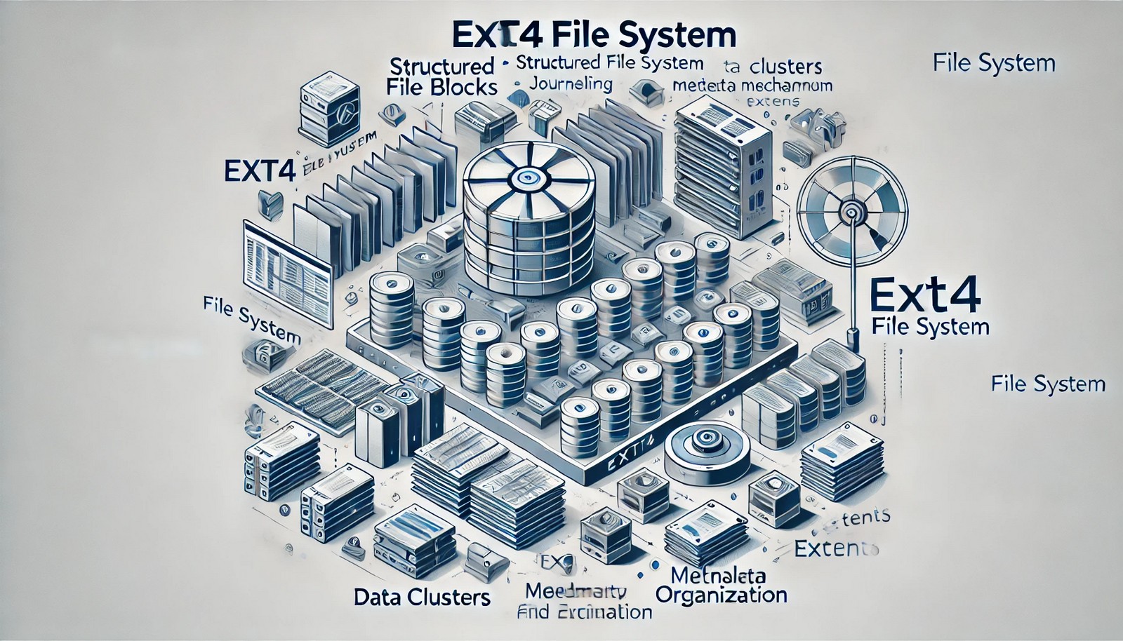 A clean and structured digital illustration of the EXT4 file system, showing organized file blocks, a journaling mechanism, data clustering, and metadata organization, visually representing efficient file allocation and management without any text.