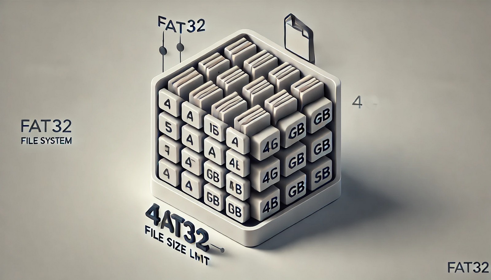A minimalist digital illustration of the FAT32 file system, showing a structured file allocation table with storage blocks. A file exceeding the 4GB limit is subtly represented, emphasizing FAT32's constraints and organization.