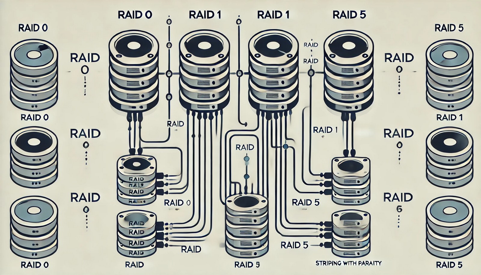 A visual representation of RAID Levels, showing multiple hard drives connected in different configurations: RAID 0 (striping), RAID 1 (mirroring), and RAID 5 (striping with parity). The image illustrates data flow and redundancy.