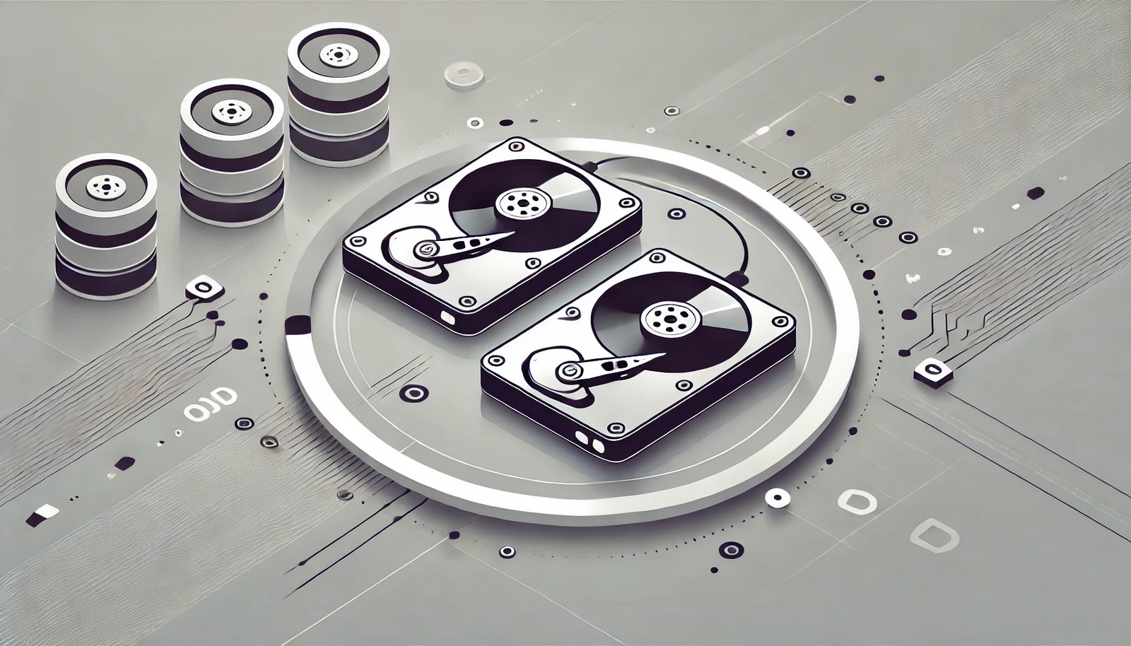 A minimalistic illustration of disk mirroring, featuring two hard drives connected by data transfer arrows. One drive copies data in real-time to the other, symbolizing redundancy and system reliability in storage.