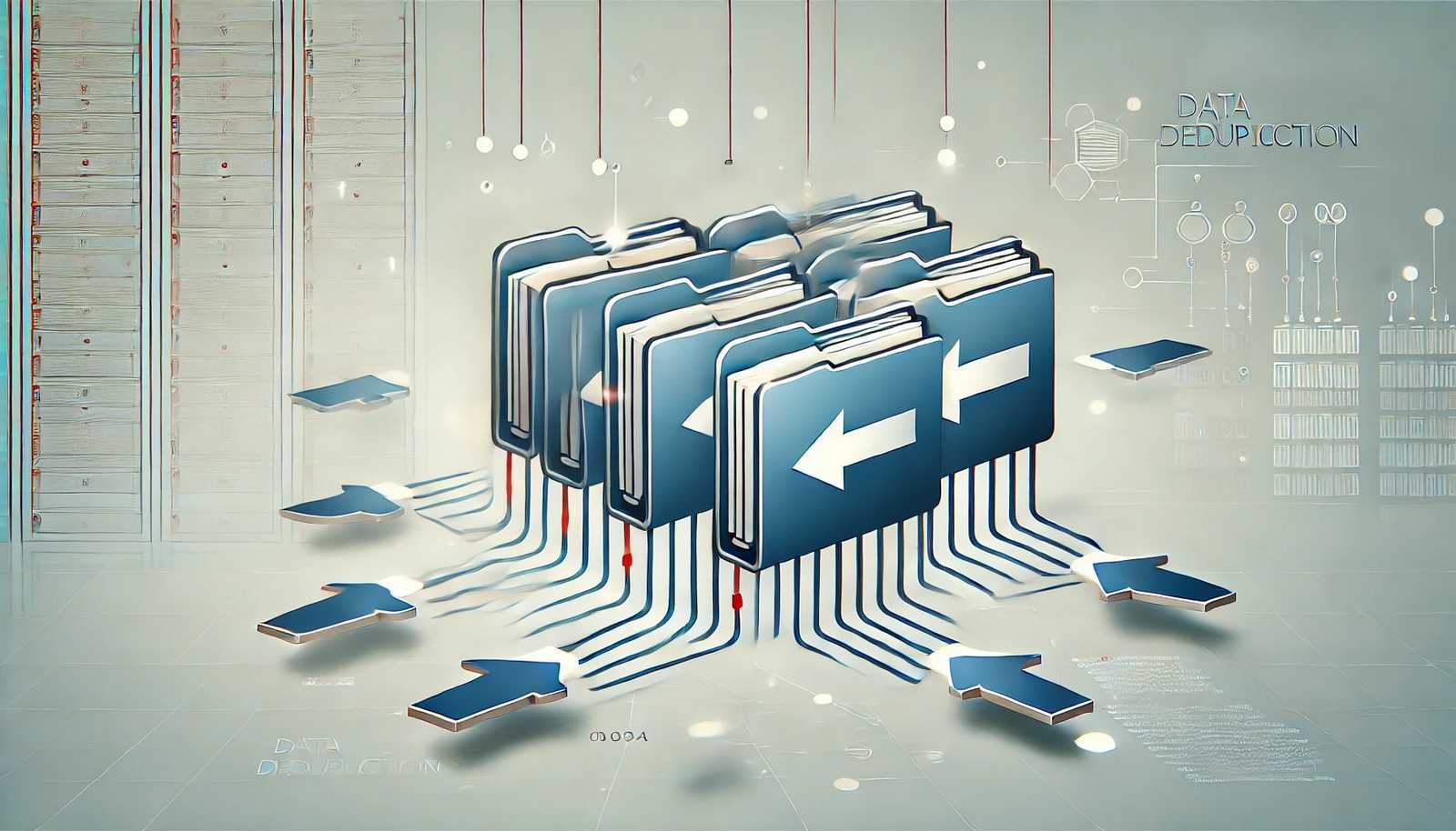 A modern, minimalistic illustration of data deduplication, showing multiple identical files merging into a single file with arrows pointing back, symbolizing optimized storage efficiency in a tech-inspired aesthetic.