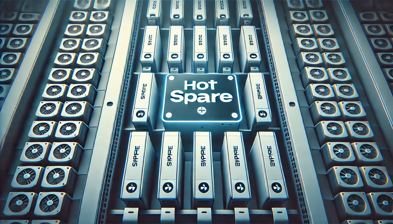 A digital illustration of a server rack with multiple drives, highlighting one as a backup (hot spare) ready to replace a failing unit. The image emphasizes redundancy and reliability with a minimalistic, futuristic design.