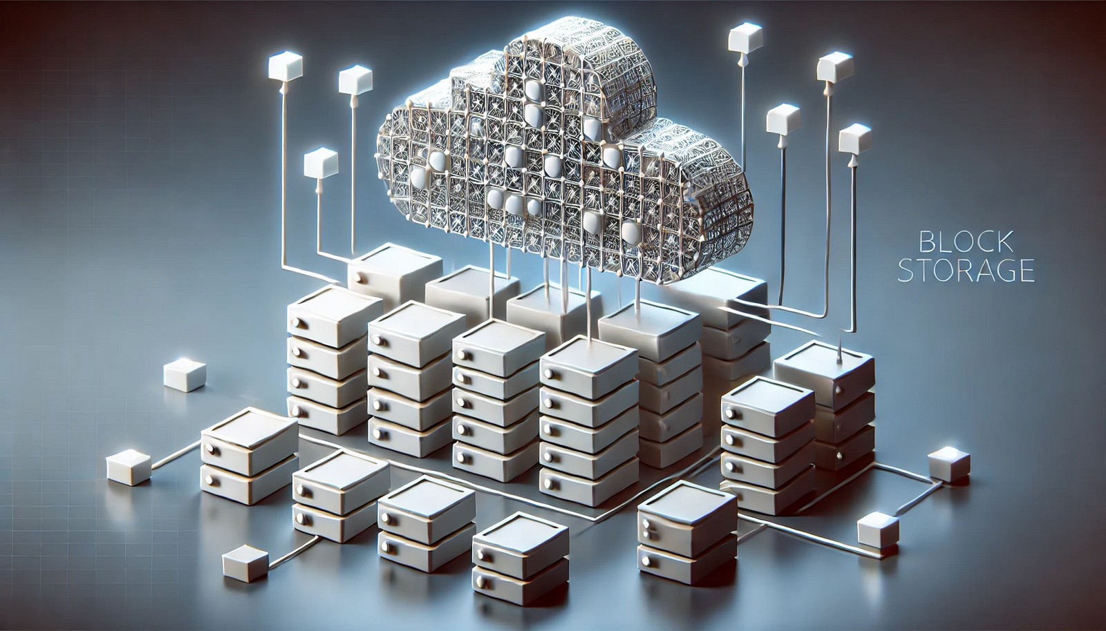 A modern digital illustration of block storage, showing structured data in small, numbered blocks connected to a cloud server. The design emphasizes efficient data organization and retrieval in a futuristic, minimalistic style.