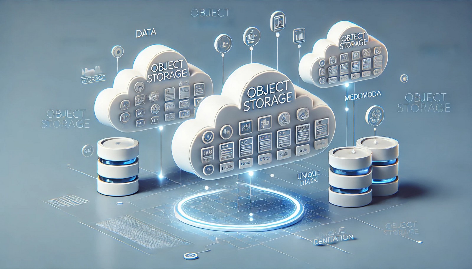A futuristic illustration of object storage, showing separate data objects floating in a cloud-like digital space. Each object is uniquely identified and connected, highlighting metadata-driven storage in a minimalist, modern design.
