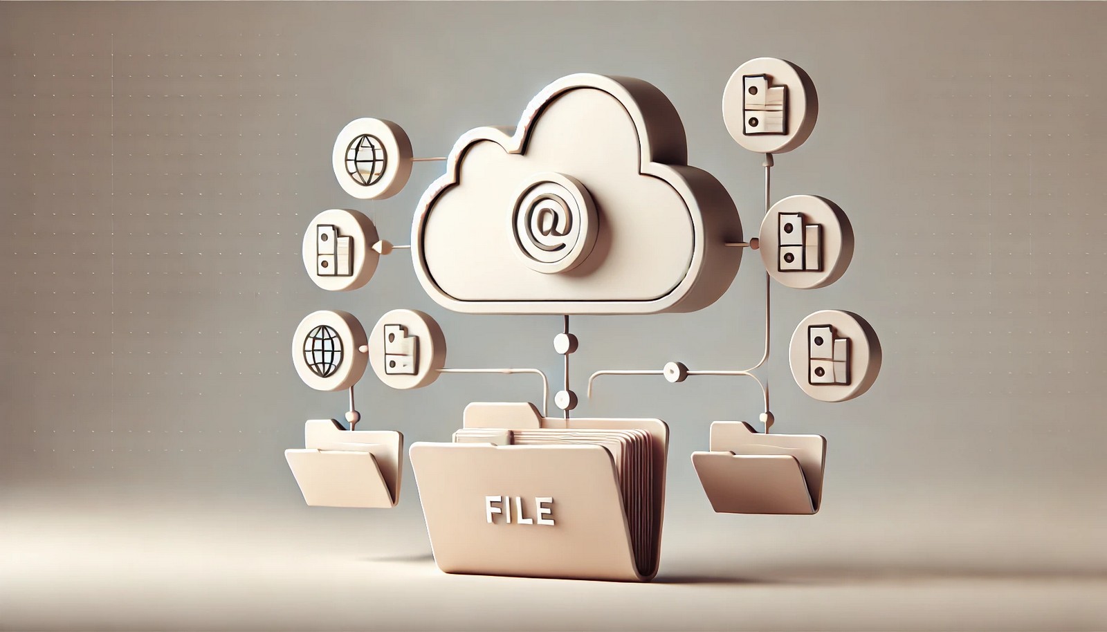 A minimalist digital illustration representing file storage, showing a structured hierarchy of folders, files, and a cloud storage icon. The modern design uses soft, neutral colors with no text or labels.