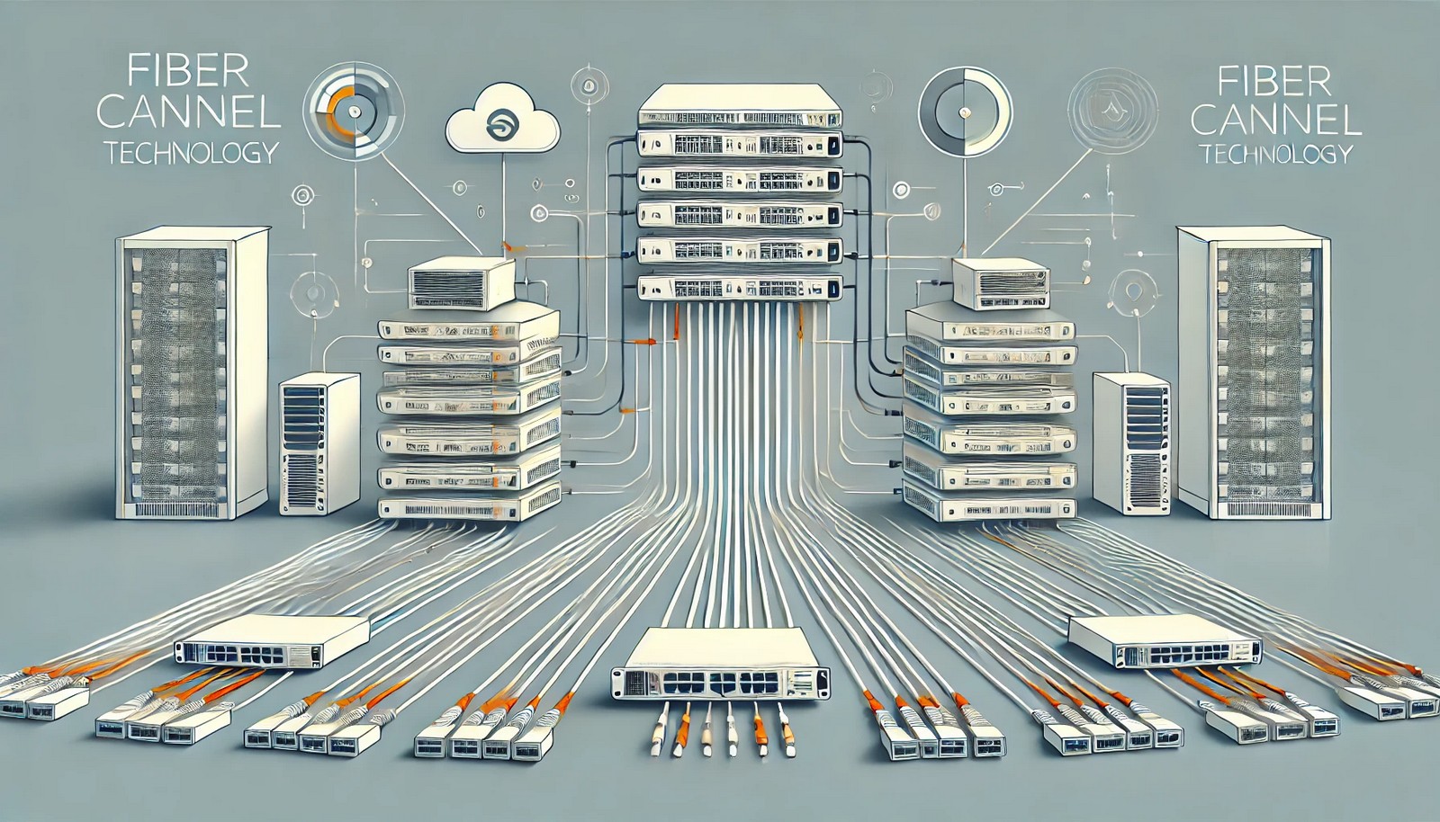 An illustration of Fiber Channel technology showing interconnected storage devices, switches, and fiber-optic cables in an enterprise data center. The design highlights seamless high-speed data transfer without text elements.