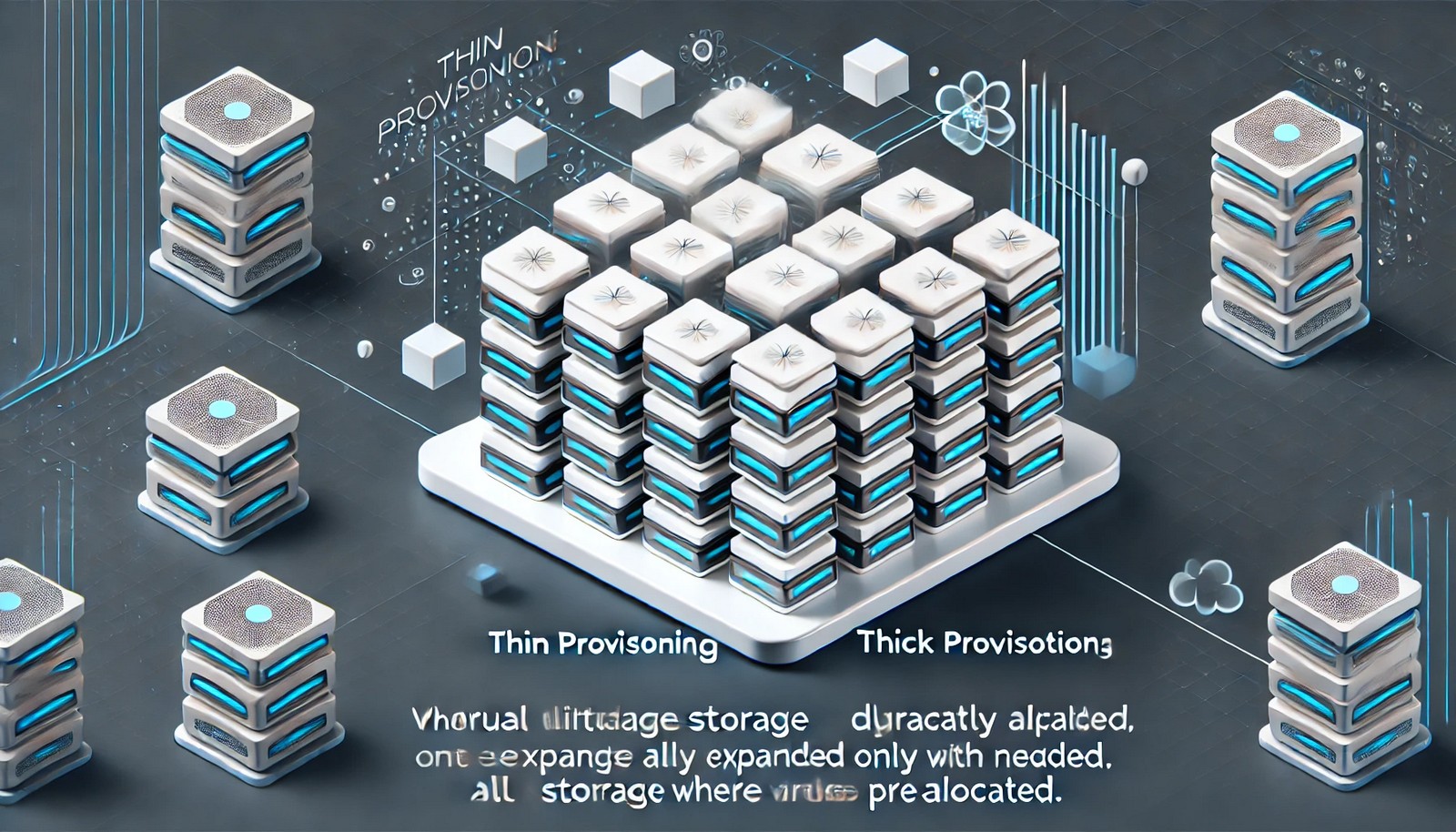 A conceptual illustration of thin provisioning, showing a digital storage system where blocks expand dynamically as needed, contrasting with thick provisioning where storage is preallocated. Features modern cloud computing elements and efficiency visuals.
