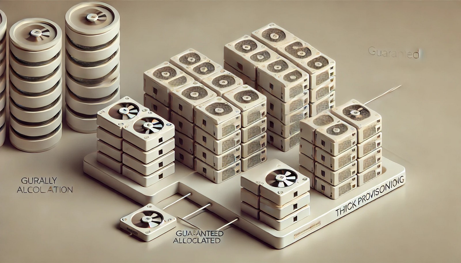 A conceptual illustration of thick provisioning in storage management, showing a fully allocated storage block distinct from dynamically expanding storage. The design is minimalistic with clear visual separation of storage types.
