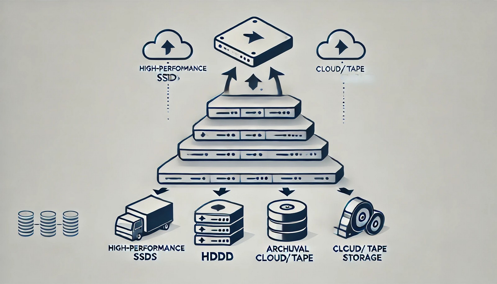 Minimalist illustration of storage tiers with three levels: SSDs at the top, HDDs in the middle, and cloud/tape storage at the bottom. Arrows show data movement, emphasizing speed, cost, and hierarchy visually.