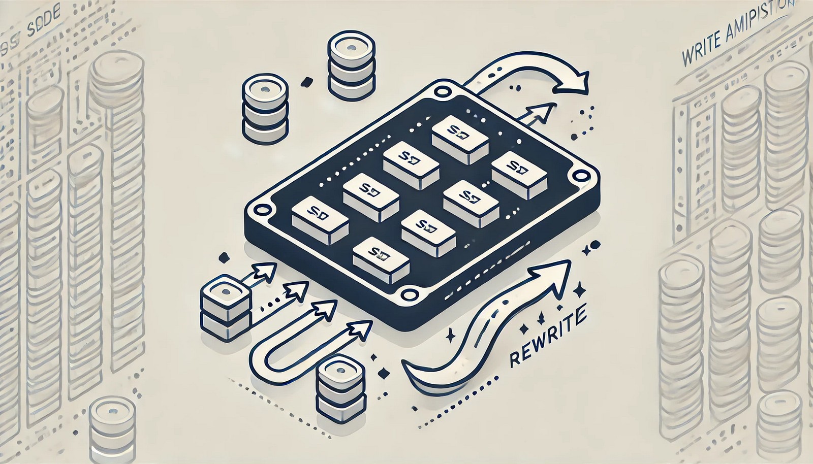 A visual representation of Write Amplification in SSDs, showing data blocks where a small write operation triggers a larger block rewrite, with arrows illustrating data movement and reorganization within the SSD.