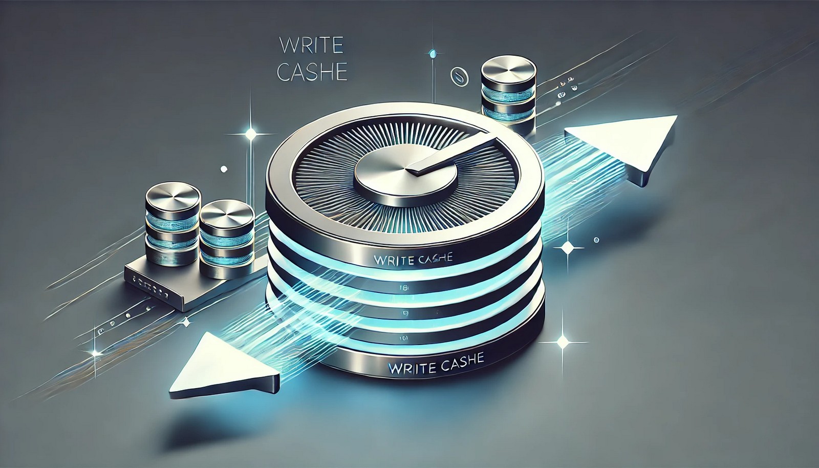 A futuristic digital illustration of a write cache mechanism showing a high-speed buffer temporarily holding data before transferring it to permanent storage. Abstract arrows represent data movement in a modern, minimalistic design.