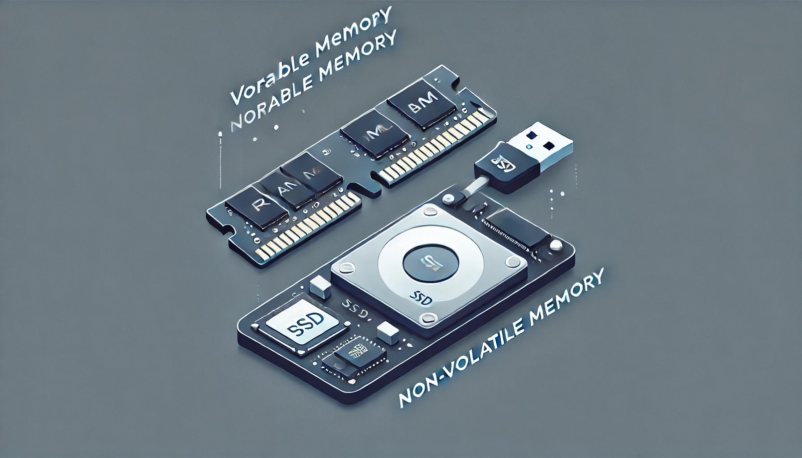 A modern digital illustration comparing volatile and non-volatile memory. It features a RAM chip losing data when unplugged and an SSD with a USB drive retaining data, symbolizing persistent storage without power.