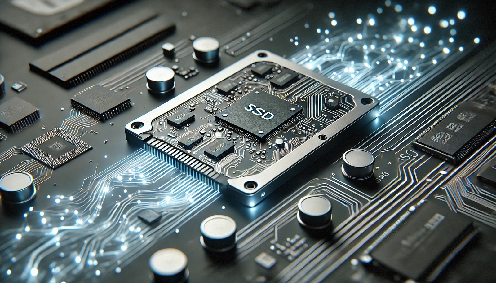 A digital illustration of flash storage, showing a sleek solid-state drive (SSD) with visible electronic circuitry and memory chips. Glowing energy lines represent high-speed data transfer, set against a futuristic, high-tech background.